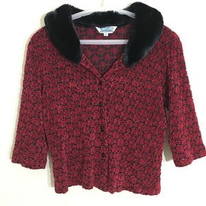 Vintage Hourglass Cardigan Sweater Womens Large Burgandy Black Faux Fur Collar